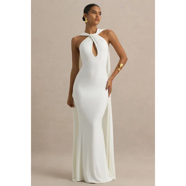 Rhoda | Robe longue blanche à col torsadé façon dos-nu avec drapé