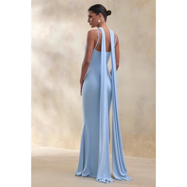 Rhoda | Robe longue bleu poudré à encolure dos-nu torsadée avec cape
