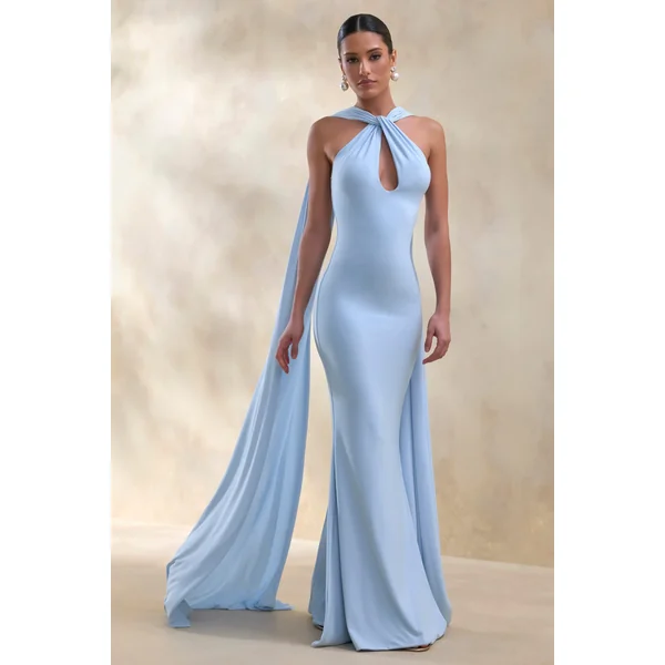 Rhoda | Robe longue bleu poudré à encolure dos-nu torsadée avec cape