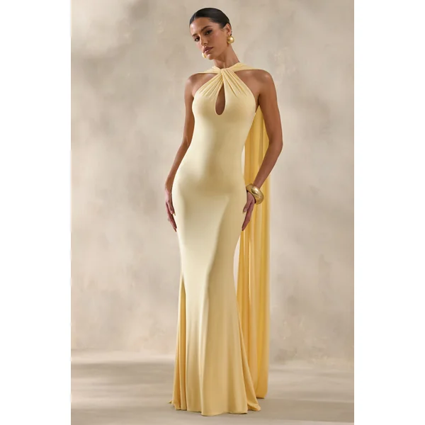 Rhoda | Robe longue citron à encolure dos-nu torsadée avec cape