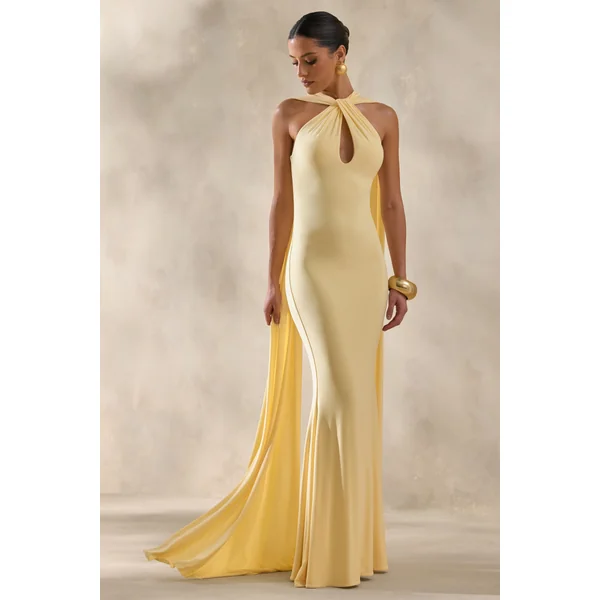 Rhoda | Robe longue citron à encolure dos-nu torsadée avec cape
