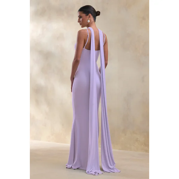 Rhoda | Robe longue lilas à encolure dos-nu torsadée avec cape