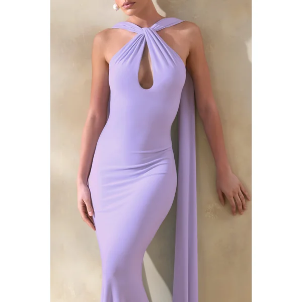 Rhoda | Robe longue lilas à encolure dos-nu torsadée avec cape