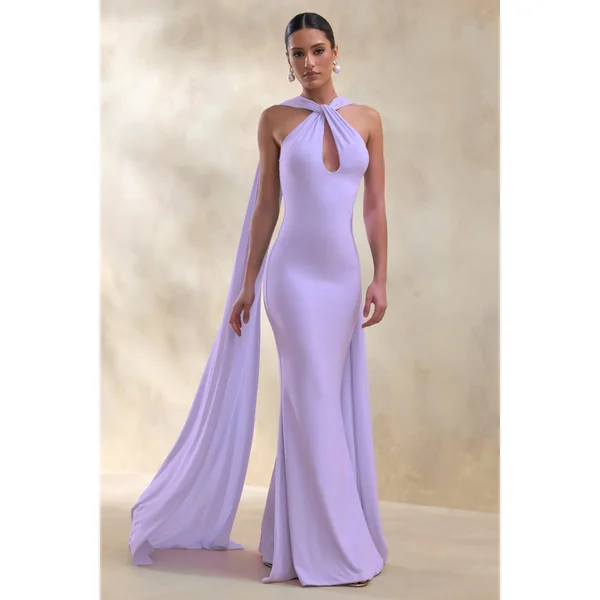 Rhoda | Robe longue lilas à encolure dos-nu torsadée avec cape