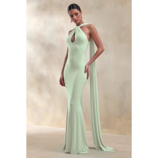 Rhoda | Robe longue menthe à encolure dos-nu torsadée avec cape