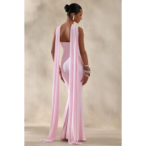 Rhoda | Robe longue rose clair à encolure dos-nu torsadée avec cape