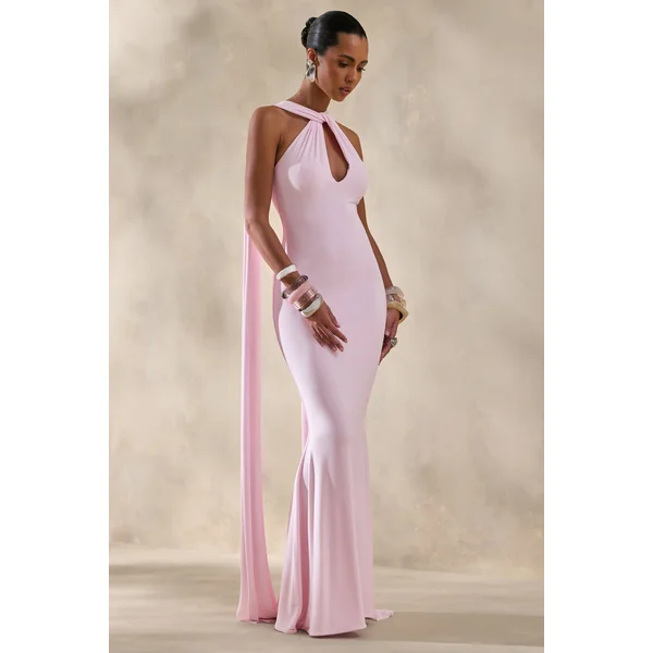 Rhoda | Robe longue rose clair à encolure dos-nu torsadée avec cape
