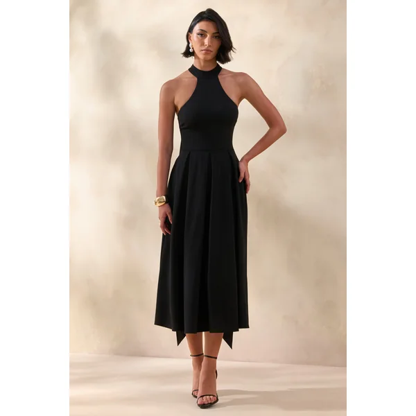 Rhode | Robe mi-longue noire à col licou