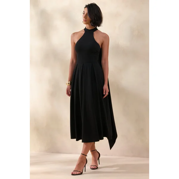 Rhode | Robe mi-longue noire à col licou