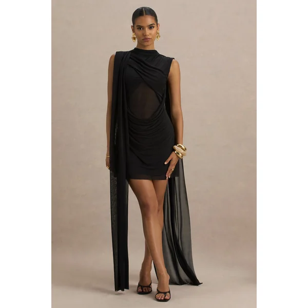 Riad | Mini-robe noire en mousseline avec corsage transparent et cape à deux manches