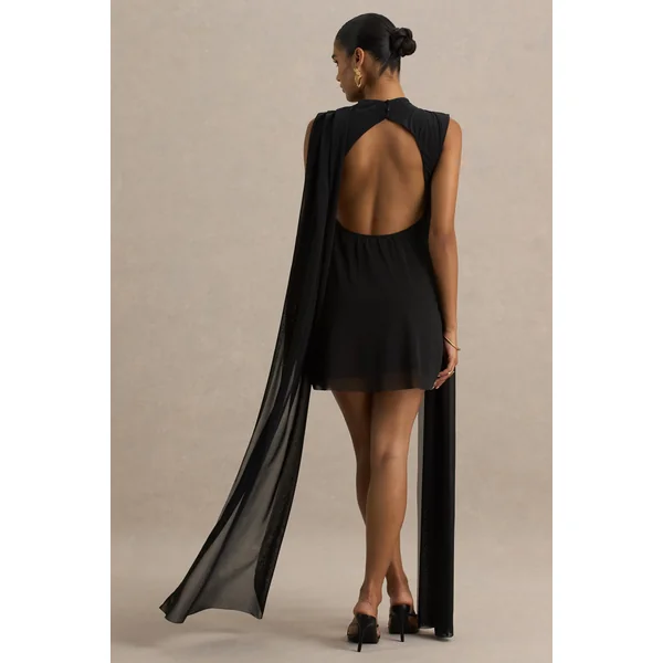 Riad | Mini-robe noire en mousseline avec corsage transparent et cape à deux manches