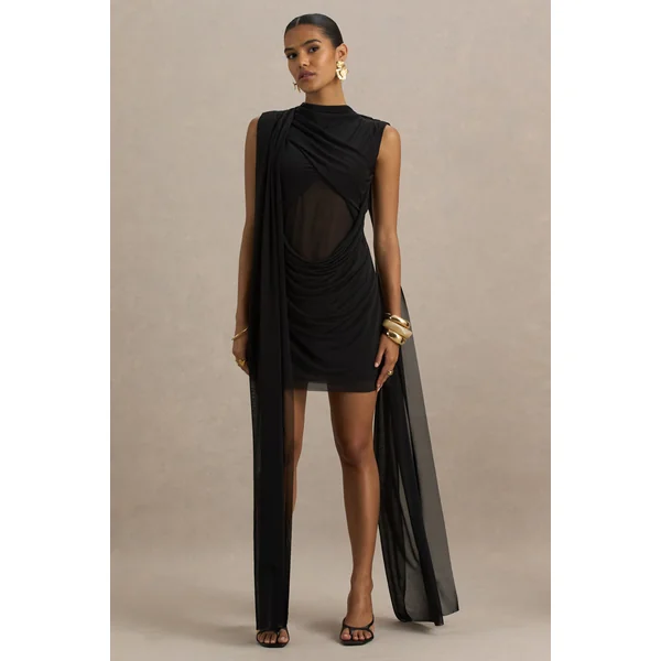 Riad | Mini-robe noire en mousseline avec corsage transparent et cape à deux manches