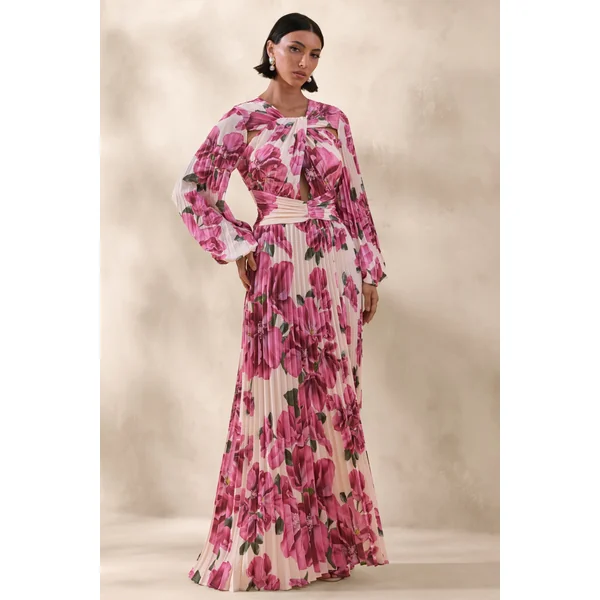 Rionna | Robe longue à imprimé hibiscus rose à encolure haute avec découpes