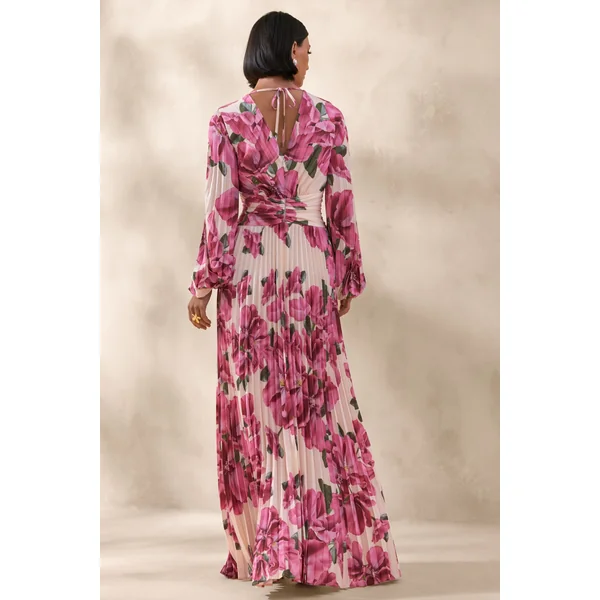 Rionna | Robe longue à imprimé hibiscus rose à encolure haute avec découpes