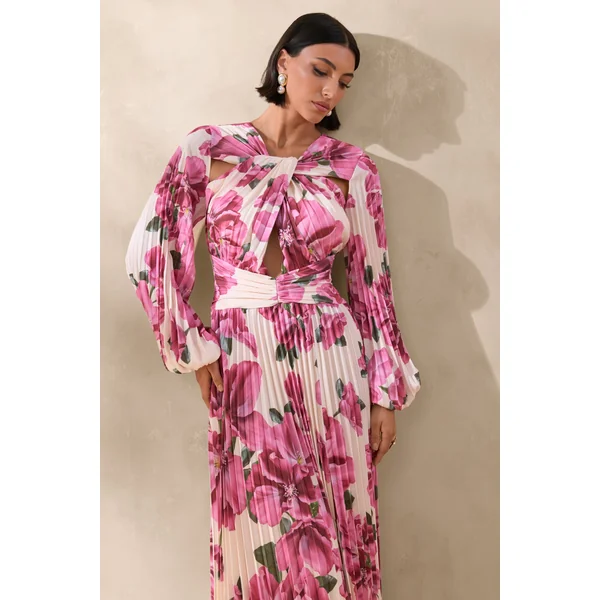 Rionna | Robe longue à imprimé hibiscus rose à encolure haute avec découpes