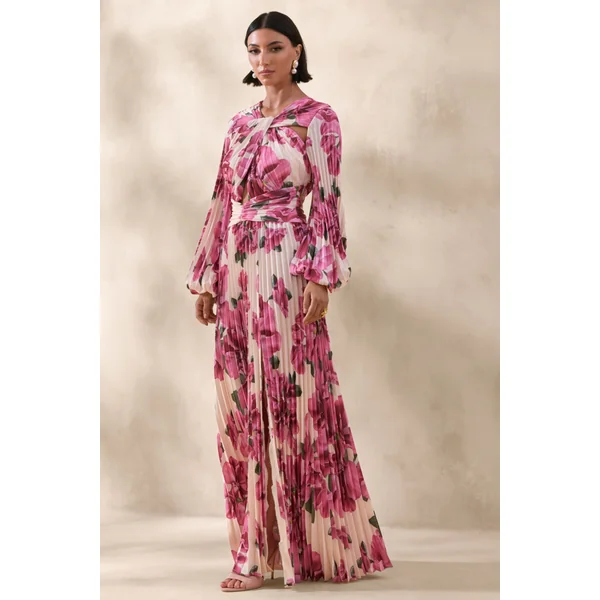 Rionna | Robe longue à imprimé hibiscus rose à encolure haute avec découpes