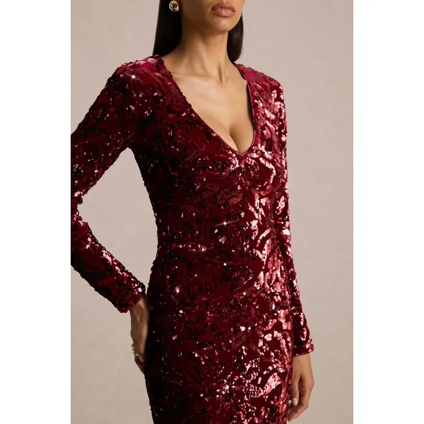 Ritz | Mini-robe en sequins bordeaux à décolleté plongeant et manches longues