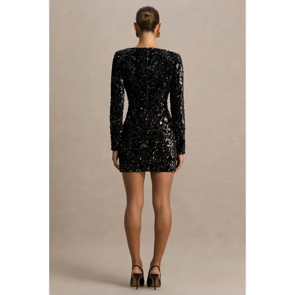 Ritz | Mini-robe noire en sequins à décolleté plongeant et manches longues