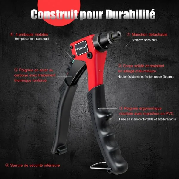 Riveteuse Manuelle avec 200 Rivets et 4 Outils-Embouts de Rivets Interchangeables à Volonté avec Étui de Transport