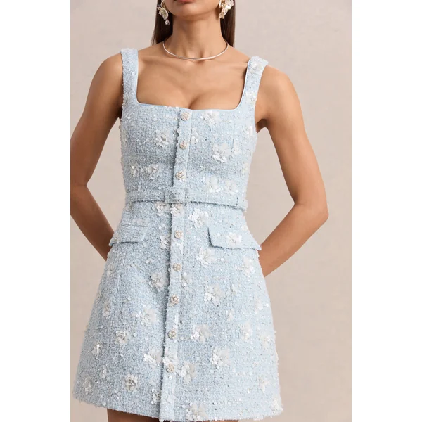 Riya | Mini-robe en bouclé bleu clair à encolure carrée
