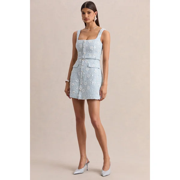 Riya | Mini-robe en bouclé bleu clair à encolure carrée