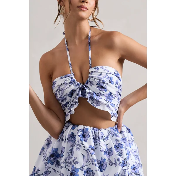 Roam | Crop top à volants imprimé floral avec décolleté en V et licou