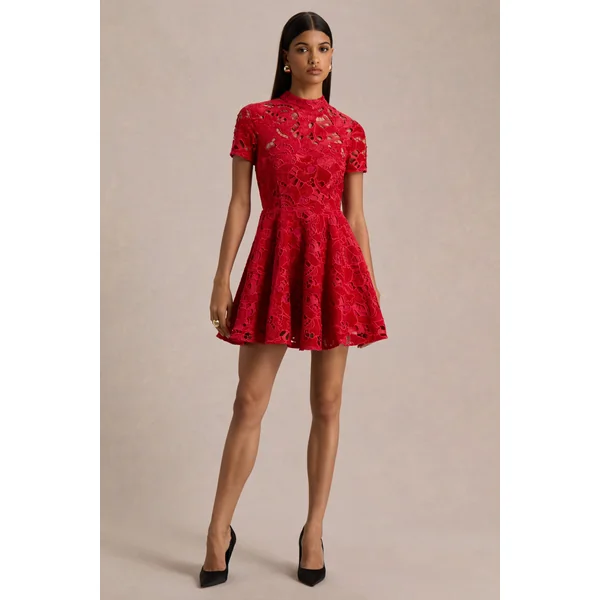 Roam | Mini-robe en dentelle rouge à col montant