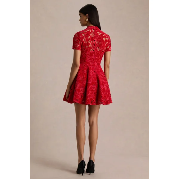 Roam | Mini-robe en dentelle rouge à col montant