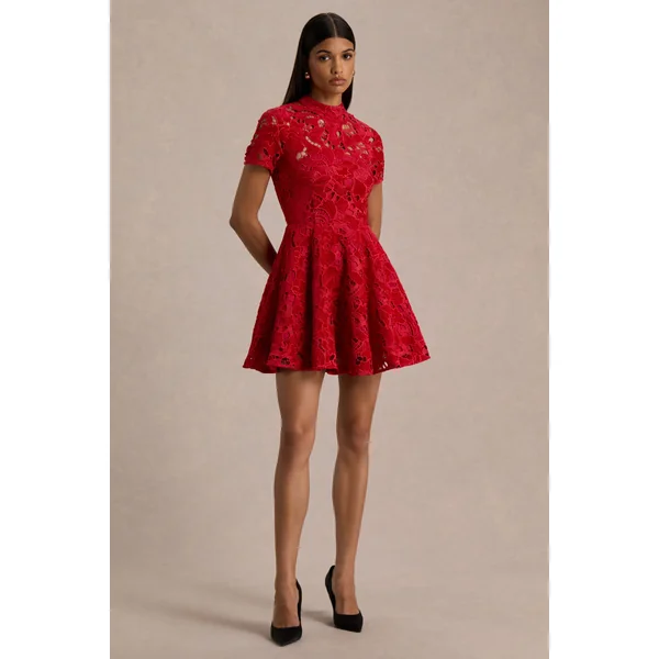 Roam | Mini-robe en dentelle rouge à col montant