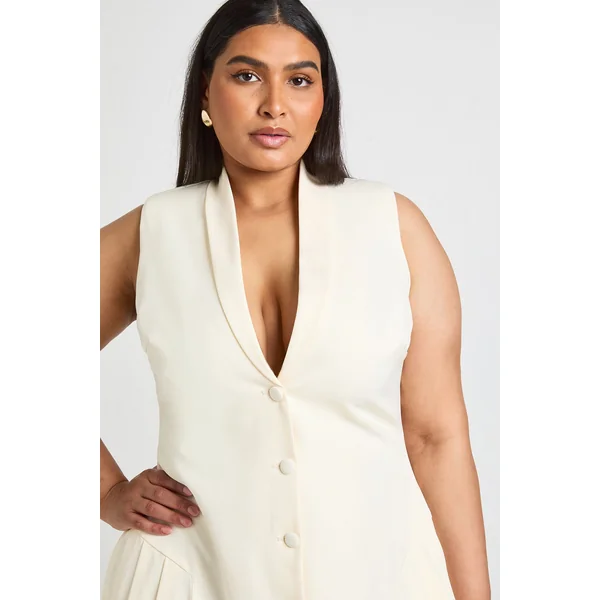 Robe Blazer Patineuse Plissée Ajustée Sans Manches Grande Taille