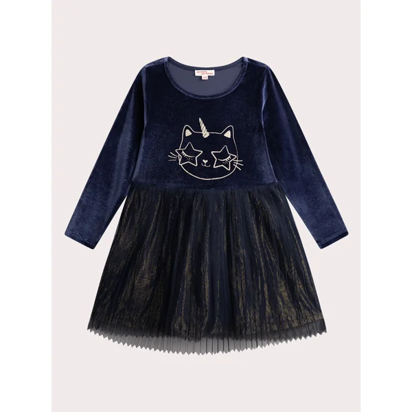 Robe bleue avec tulle animation chat glitter pour fille - Soins Bébé Naturels & Produits Maman Après Naissance