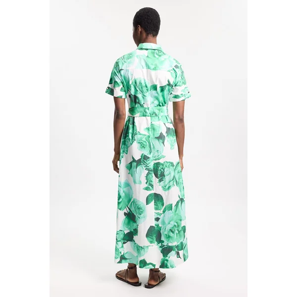 Robe Chemise Longue Ceinturée En Satin De Coton À Imprimé Floral De Roses