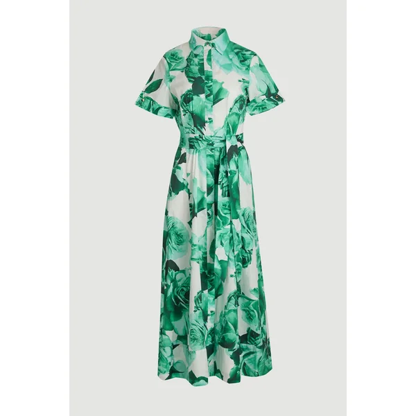 Robe Chemise Longue Ceinturée En Satin De Coton À Imprimé Floral De Roses