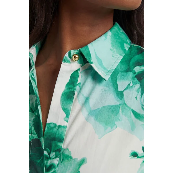 Robe Chemise Longue Ceinturée À Imprimé Floral Roses En Satin De Coton Tissé Petite Taille