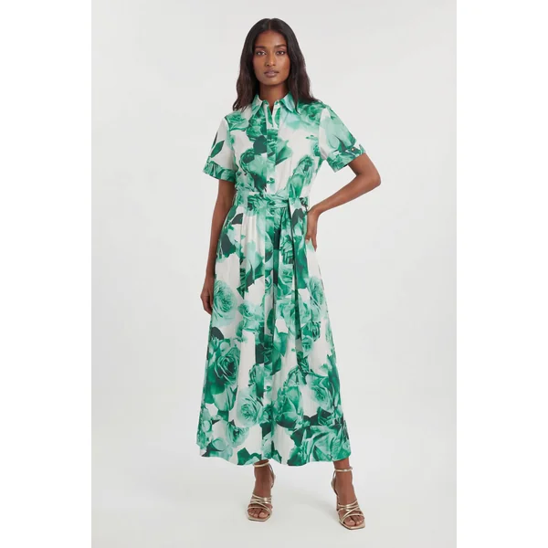 Robe Chemise Longue Ceinturée À Imprimé Floral Roses En Satin De Coton Tissé Petite Taille