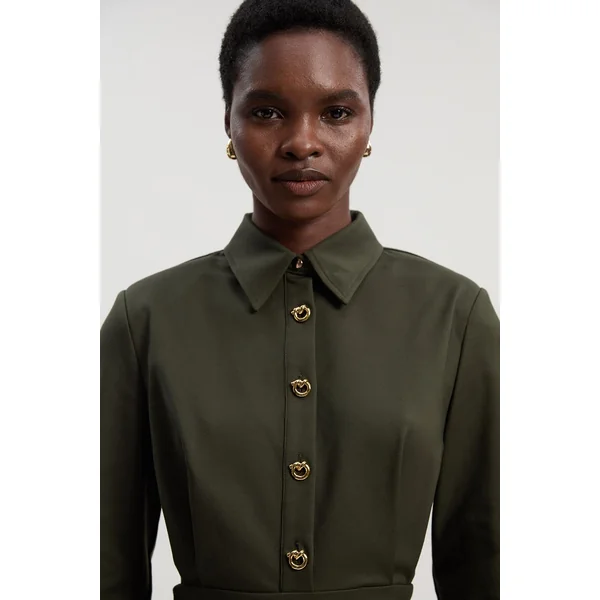 Robe Chemise Mini en Coton Techno Tissé Petite avec Fermoirs Dorés
