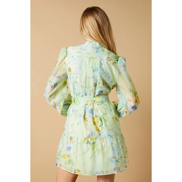 Robe Chemise Mini En Organza Floral Sauge