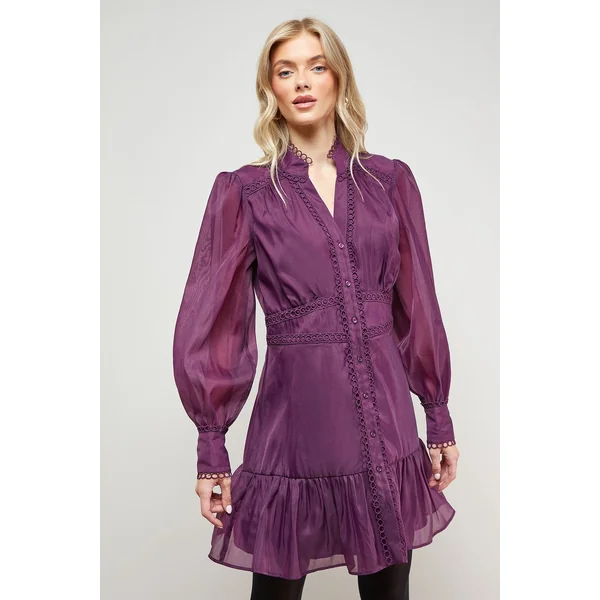 Robe Chemise Mini à Finitions Dentelle Organza