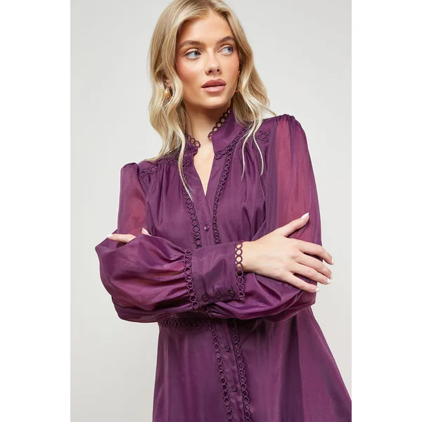 Robe Chemise Mini à Finitions Dentelle Organza