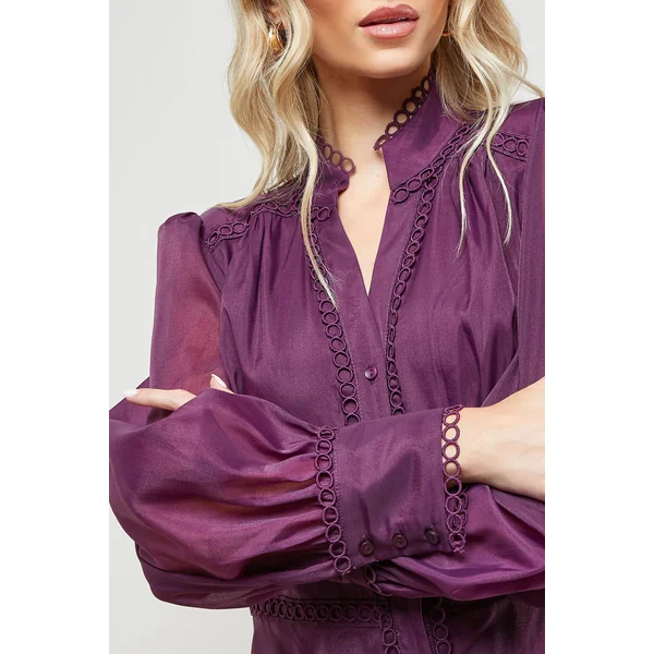 Robe Chemise Mini à Finitions Dentelle Organza