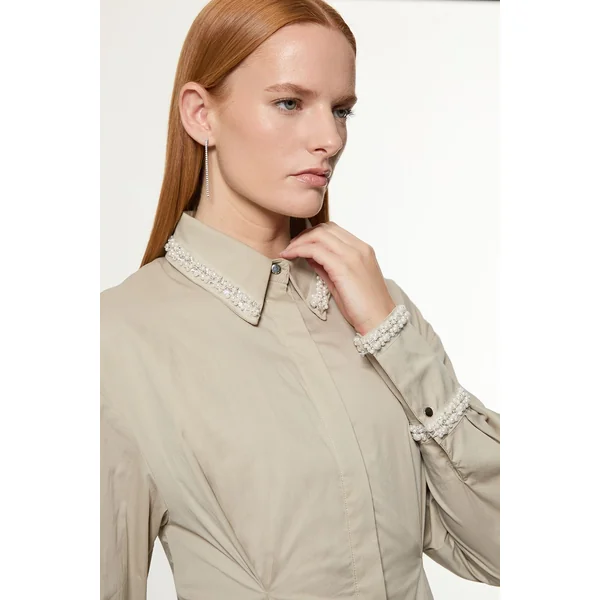 Robe Chemise Mini À Jupe Ample En Coton Avec Finitions Perlées Pour Femmes Grandes
