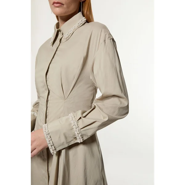 Robe Chemise Mini À Jupe Évasée En Coton Avec Ornements De Perles