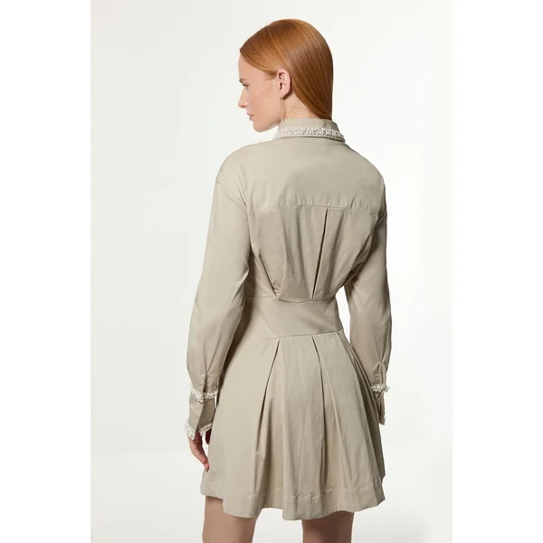 Robe Chemise Mini À Jupe Évasée En Coton Avec Ornements De Perles