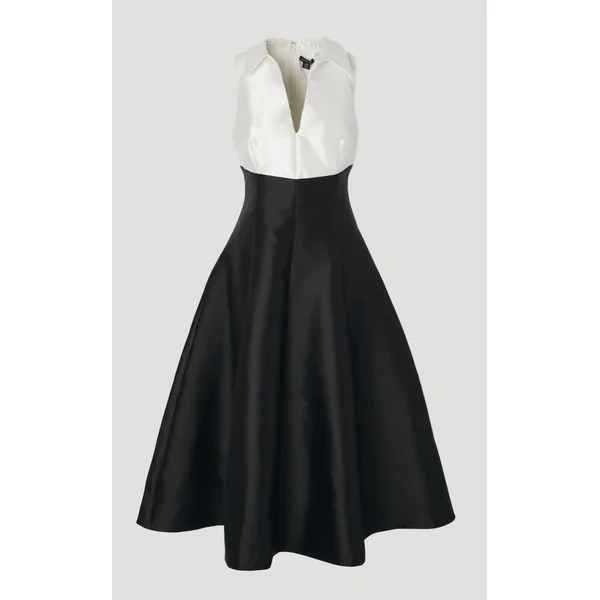 Robe Chemise Petite en Sergé à Contraste Smoking Ajustée avec Jupe Évasée