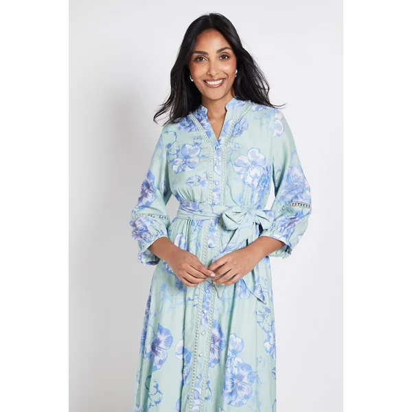 Robe Chemise Petite Sans Col Avec Insert En Dentelle Florale