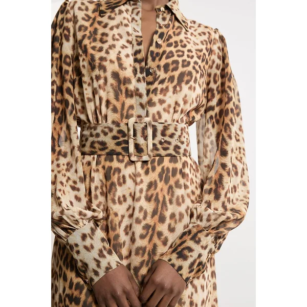 Robe Chemise Tissée à Imprimé Flou Ceinturée en Georgette
