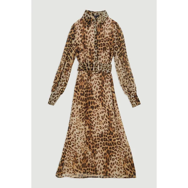 Robe Chemise Tissée à Imprimé Flou Ceinturée en Georgette