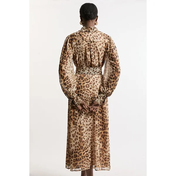 Robe Chemise Tissée à Imprimé Flou Ceinturée en Georgette