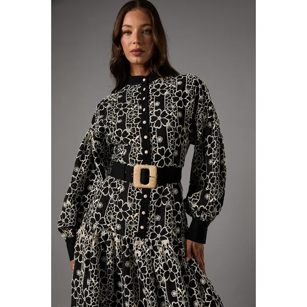 Robe Chemise à Manches Longues avec Ceinture