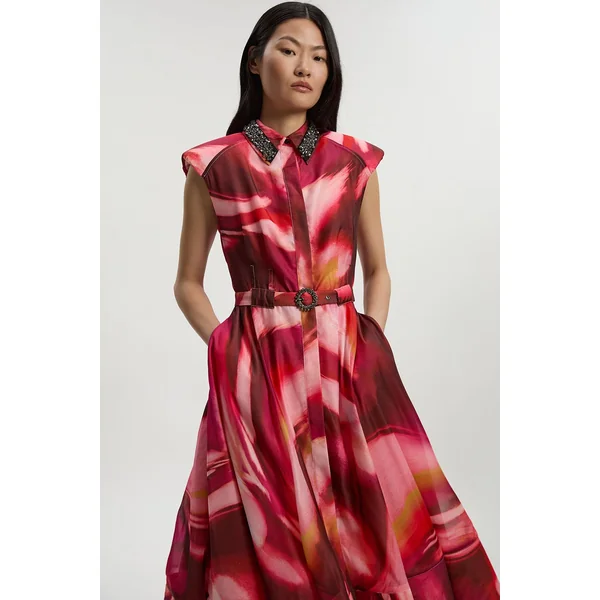 Robe Chemisier en Organdi Marbré avec Ceinture Ornée de Cristaux